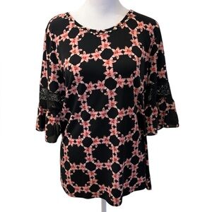 Medium Karl Lagerfeld Paris Black Pink Floral Crochet Ruffle Beaded Blouse